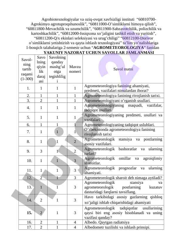 Agrometeorologiya Fanidan Yakuniy Nazorat Savollari