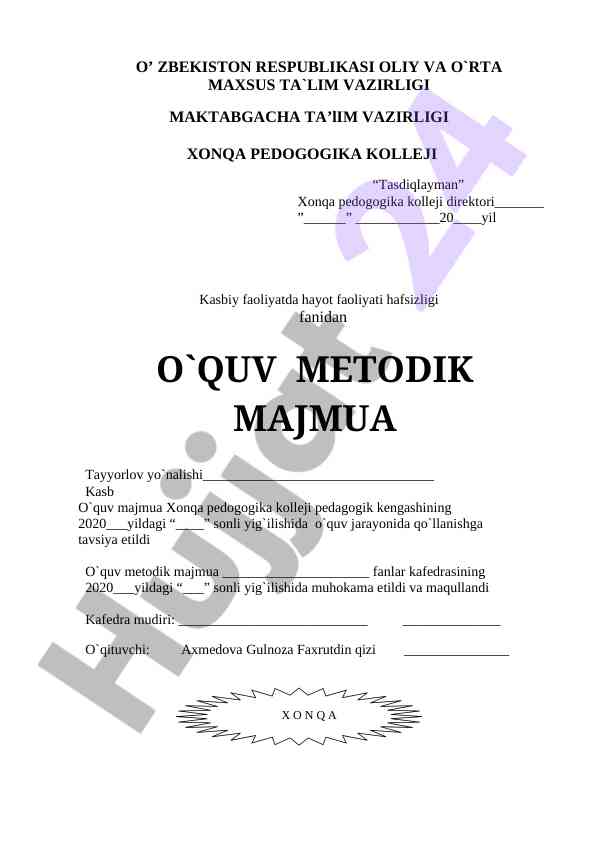 Kasbiy faoliyatda hayot faoliyati hafsizligi fanidan