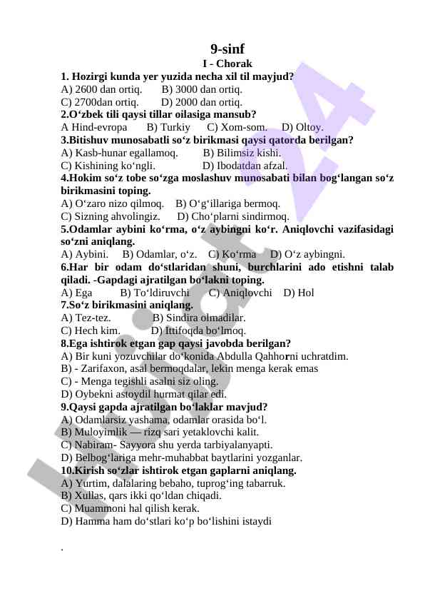 Til va grammatikadan 9-sinf test savollari