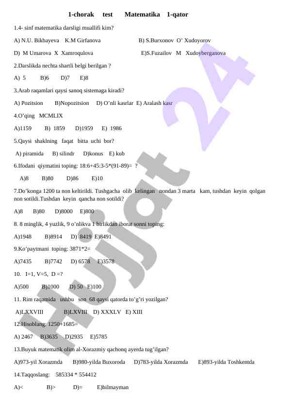 1-shorak matematika testi savollari va javoblari