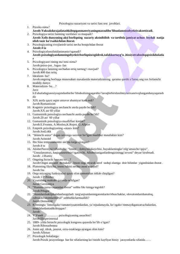 Psixologiya nazariyasi va tarixi fani testi