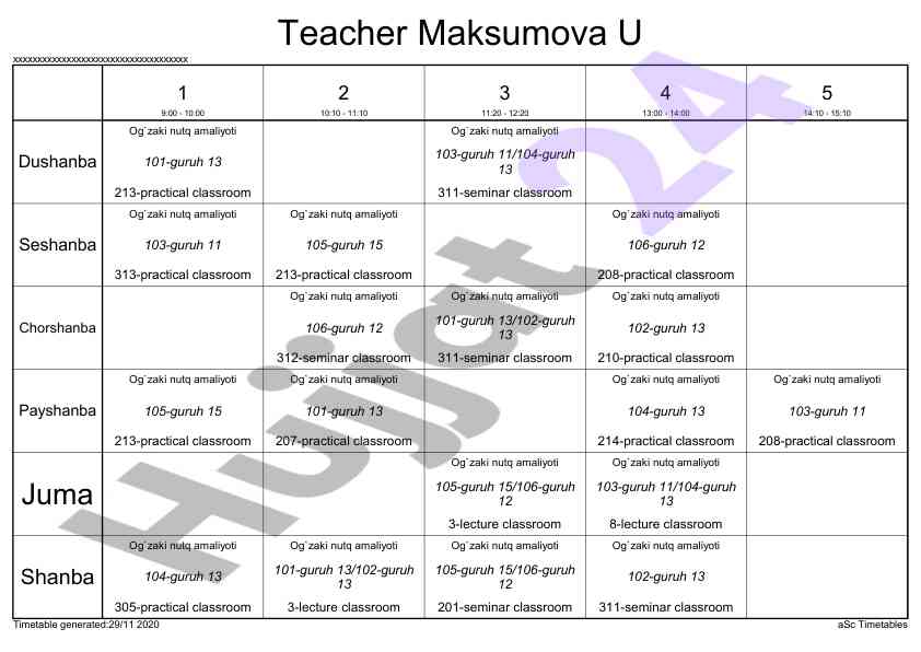 Og'zaki nutq amaliyoti timetable for group sessions