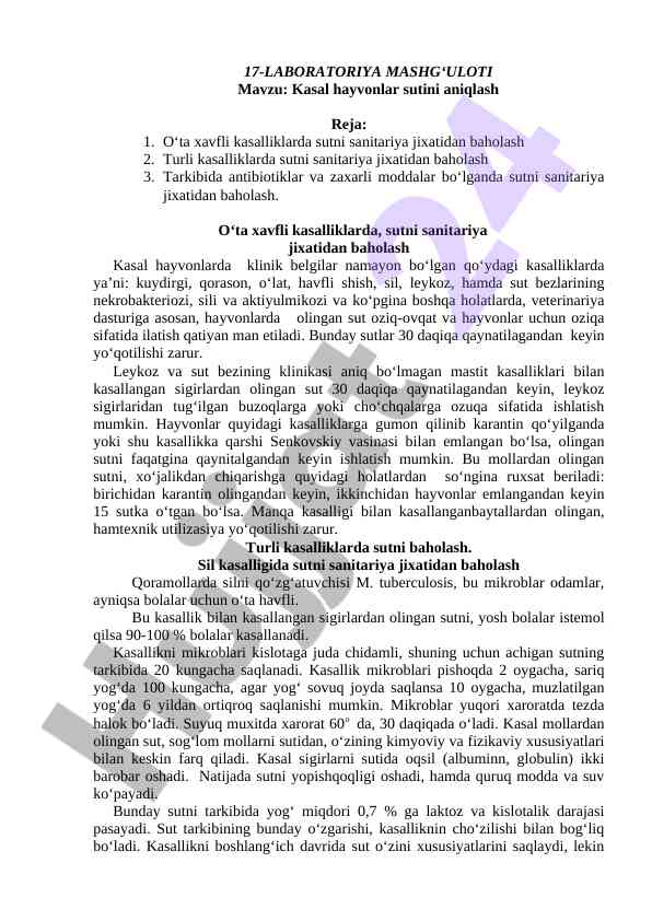 Kasal hayvonlar sutini aniqlash mavzusi