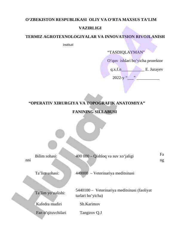 Operativ xirurgiya va topografik anatomiya sillabusi