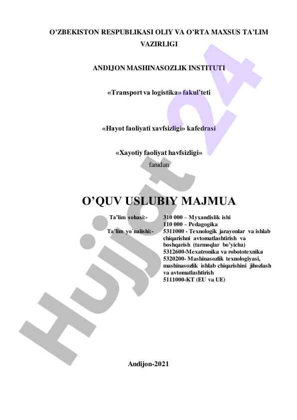 Xayotiy faoliyat xavfsizligi fanidan o‘quv usuliy majmua