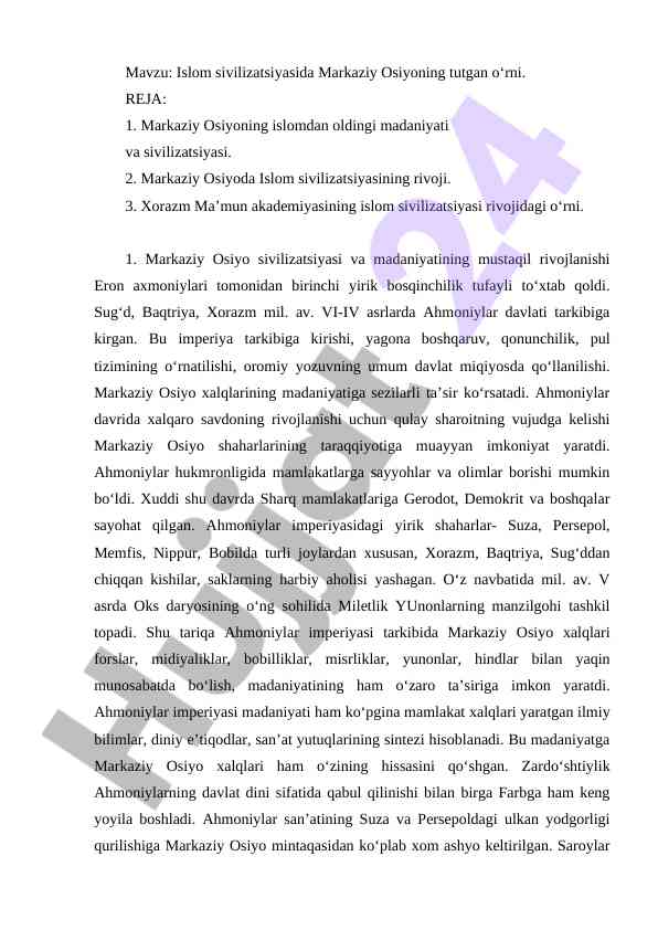 Islom sivilizatsiyasida markaziy osiyo o‘rni