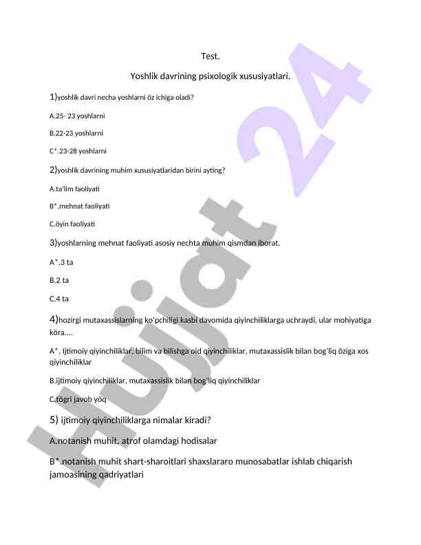 Yoshlik davrining psixologik xususiyatlari test