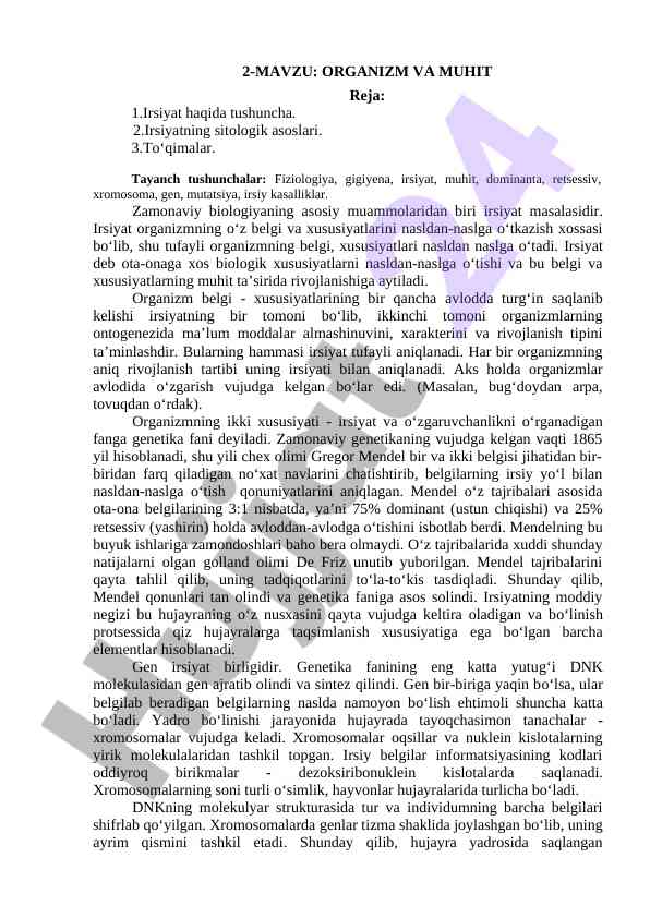 Irsiyat va muhit haqida tushunchalar