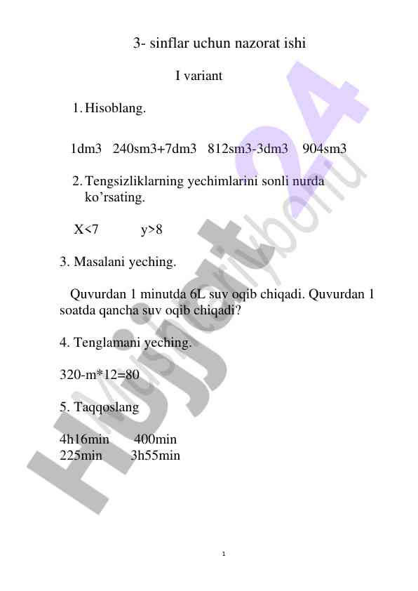 Nazorat ishlari 3-sinflar uchun i variant