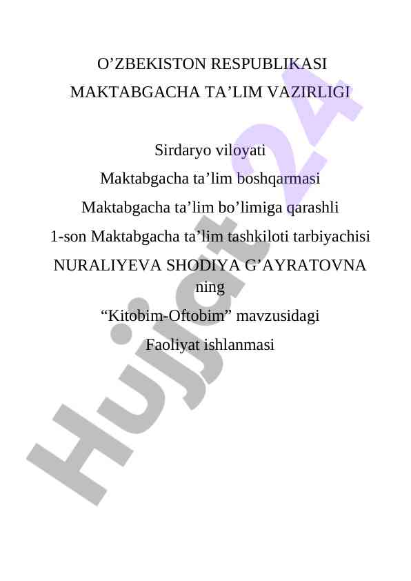 Kitobim-oftobim mavzusidagi faoliyat ishlanmasi