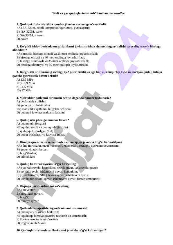 Neft va gaz quduqlarini sinash fanidan test savollari