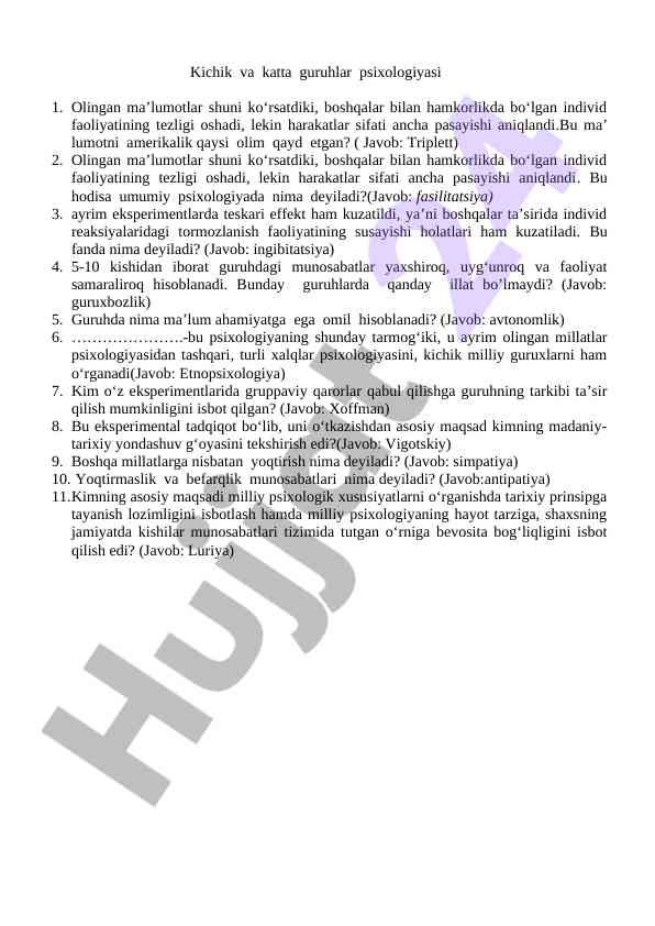 Kichik va katta guruhlar psixologiyasi