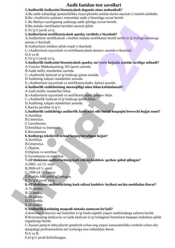 Audit fanidan test savollari va javoblari