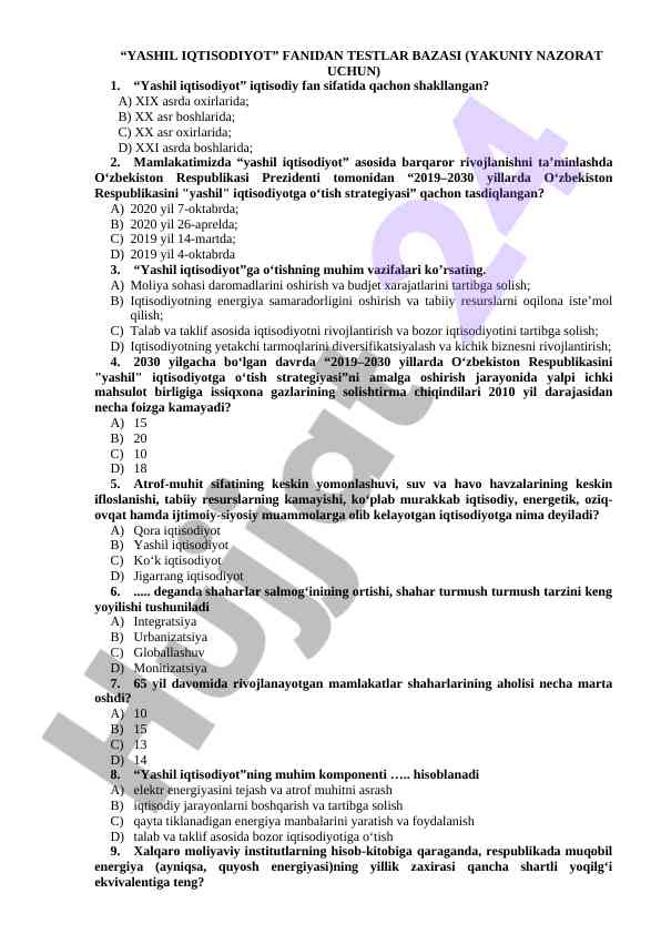 Yashil iqtisodiyot fanidan testlar bazasi
