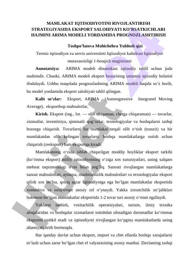 Eksport Salohiyatini Arima Modeli Yordamida Prognozlash