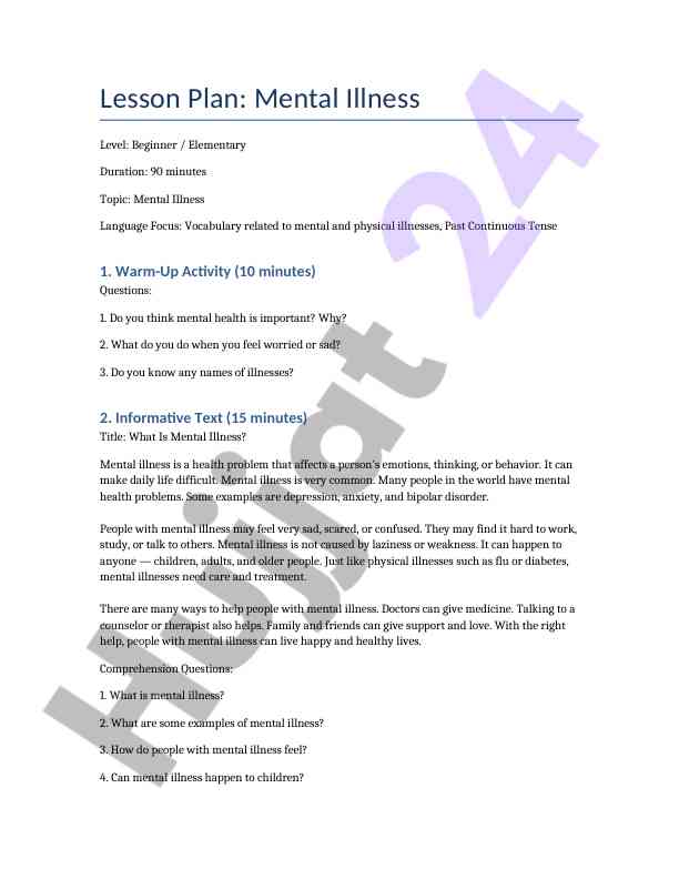 Mental illness vocabulary lesson plan for beginners