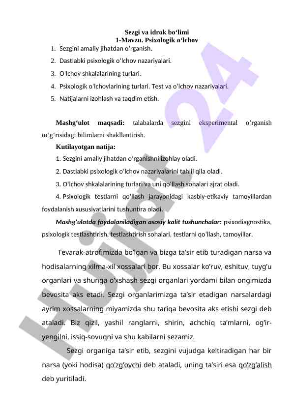 Psixologik o‘lchovlar va sezgini o‘rganish