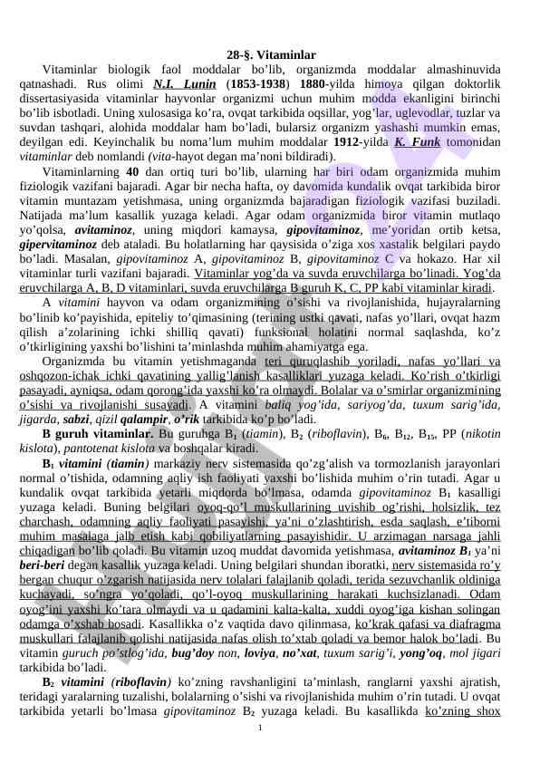Vitaminlar va ularning organizmdagi ahmiyati