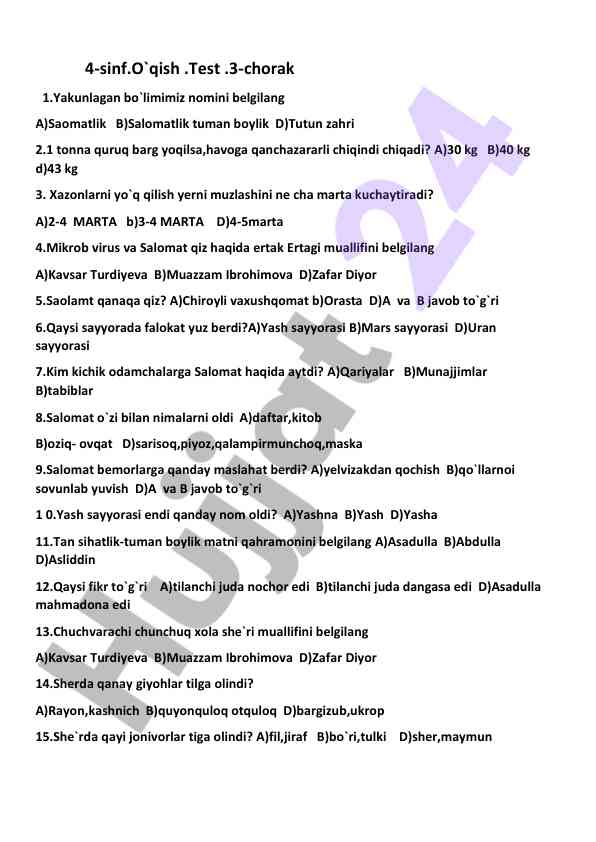 4-sinf o'qish test 3-chorak savollari