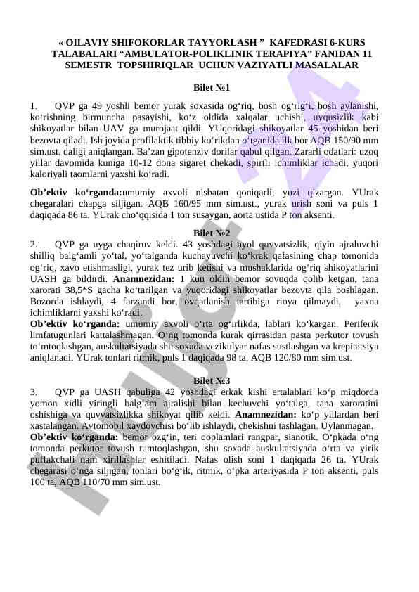 Ambulator-poliklinik terapiya fanidan topshiriqlar