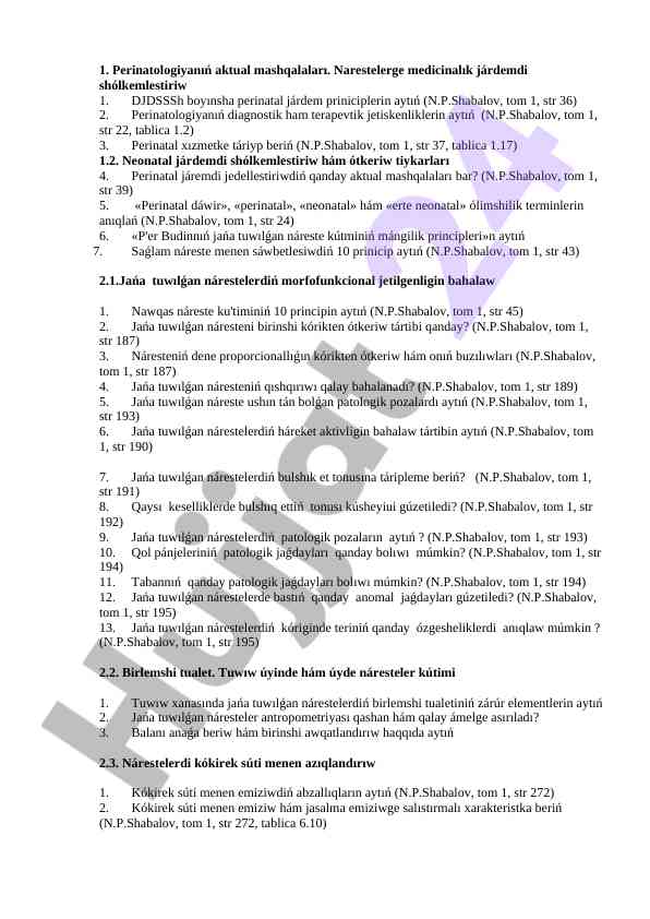 Perinatologiyanıń aktual mashqalaları hám járdem printipleri