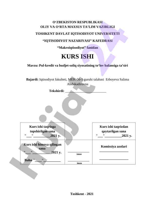 Pul-kredit va budjet-soliq siyosatining to‘lov balansiga ta’siri