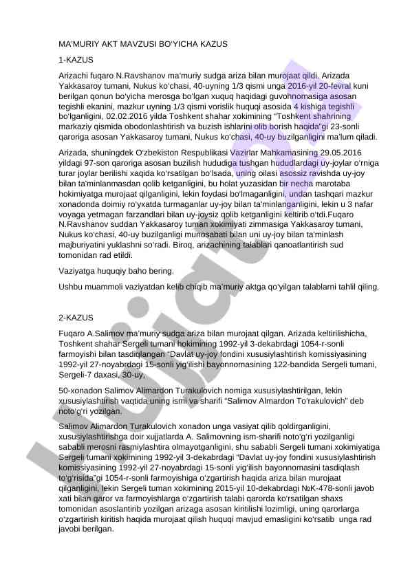 Ma'muriy akt mavzusi bo'yicha kazus tahlillari