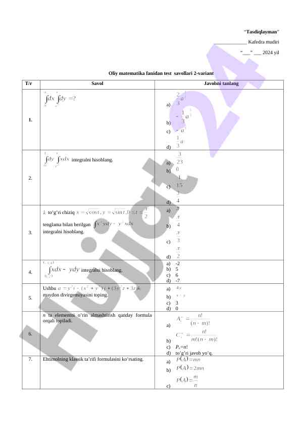 Oliy matematika fanidan test savollari 2-variant