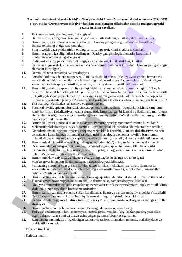 Dermatovenerologiya fanidan imtihon savollari 2024-2025
