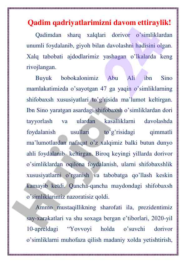 Shifobaxsh o’simliklar bilan tabobat toshkentda