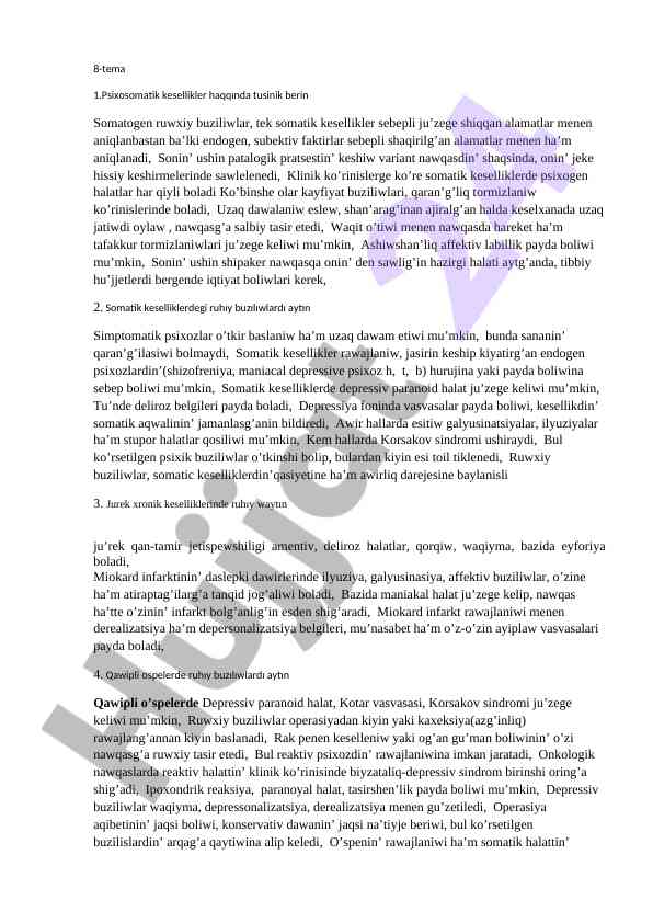 Psihosomatik kesellikler va ruhiy buziliwlar