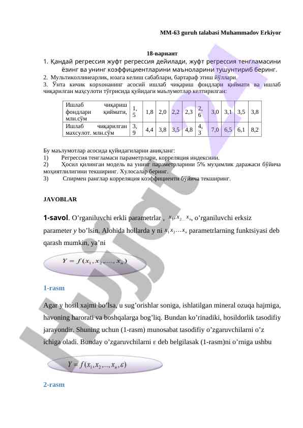 Regressiya tenzlamasi va korrelatsiya indeksi