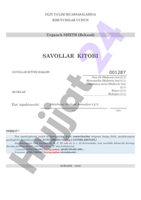 Oliy ta’lim muassalariga kiruvchilar uchun savollar kitobi
