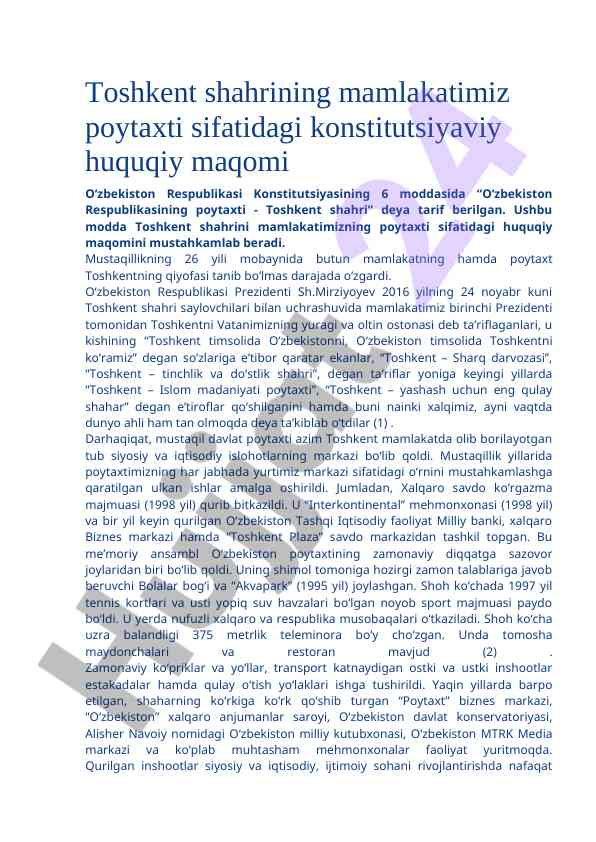 Toshkent shahri va uning mamlakatdagi huquqiy maqomi