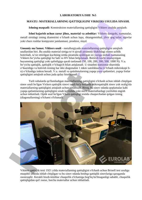 Vikkers usulida materiallarning qattiqligini sinash