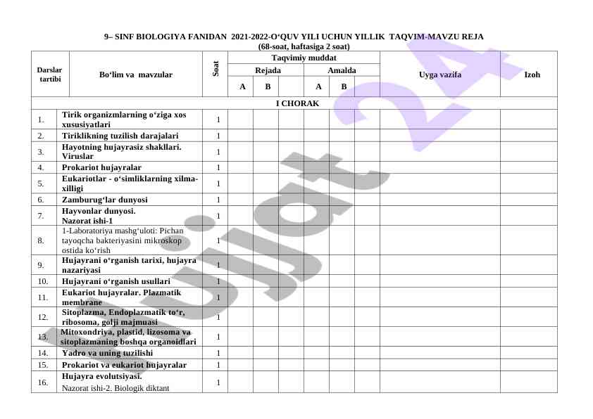 Biologiya fanidan yillik taqvim 2021-2022 o‘quv yili