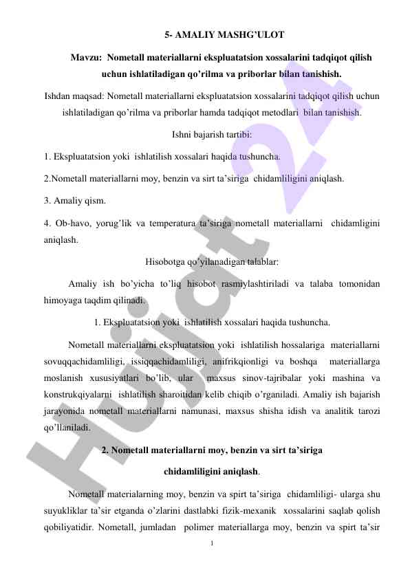 Nometall materiallarning ekspluatatsion xossalari tadqiqoti