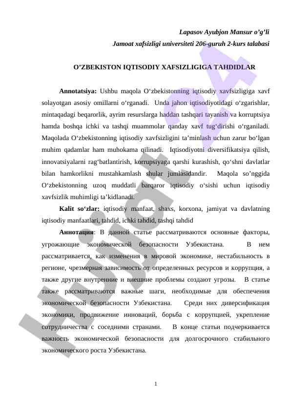 O‘zbekistonda iqtisodiy xavfsizlikka tahdiyalar