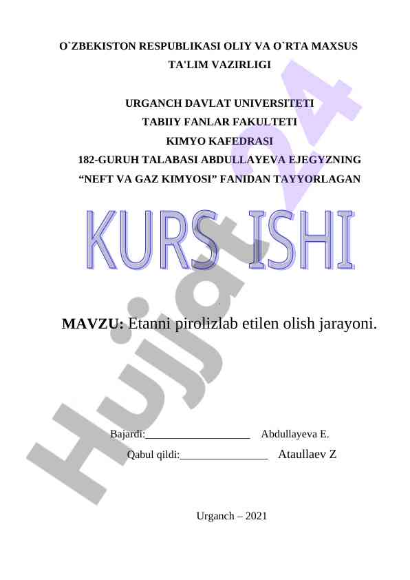 Etanni pirolizlab etilen olish jarayoni