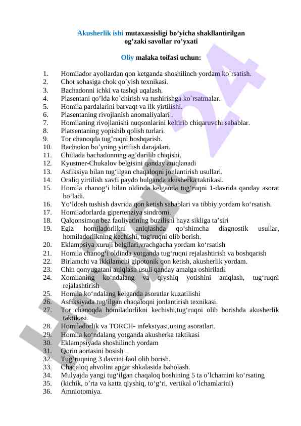 Akusherlik ishiga oid shakllantirilgan savollar ro'yxati