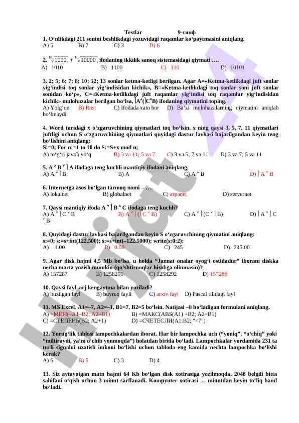Matematika testlari 9-sinf uchun savollar