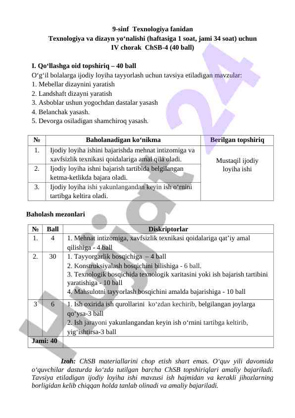 Ijodiy loyiha mavzulari va baholash mezoni