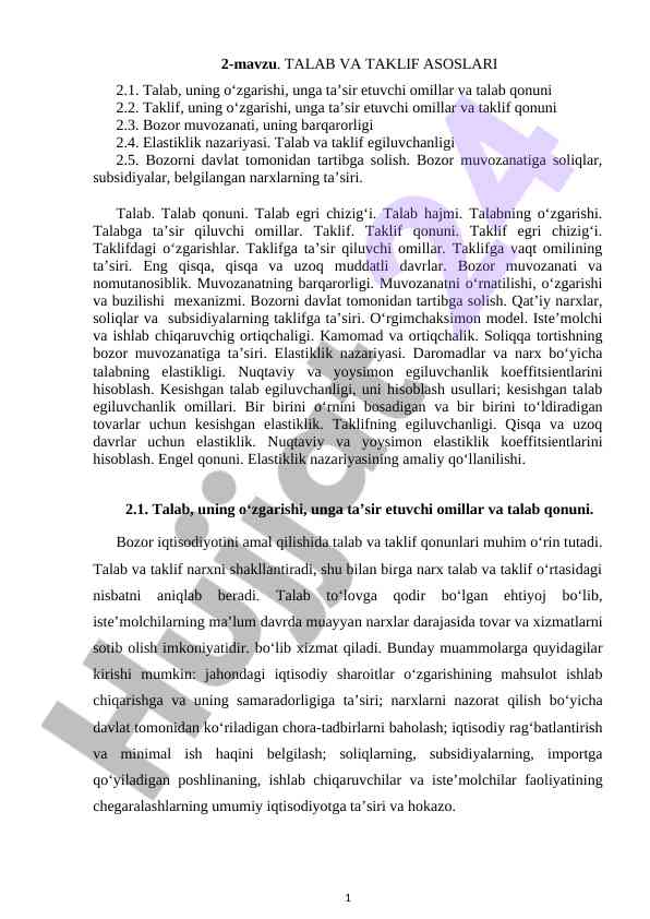 Talab va taklif asoslari bazar muvozanati tezisi