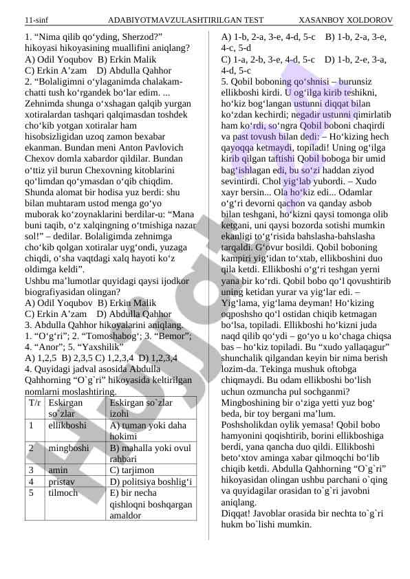 Adabiyot hikoyalari bo‘yicha test savollari
