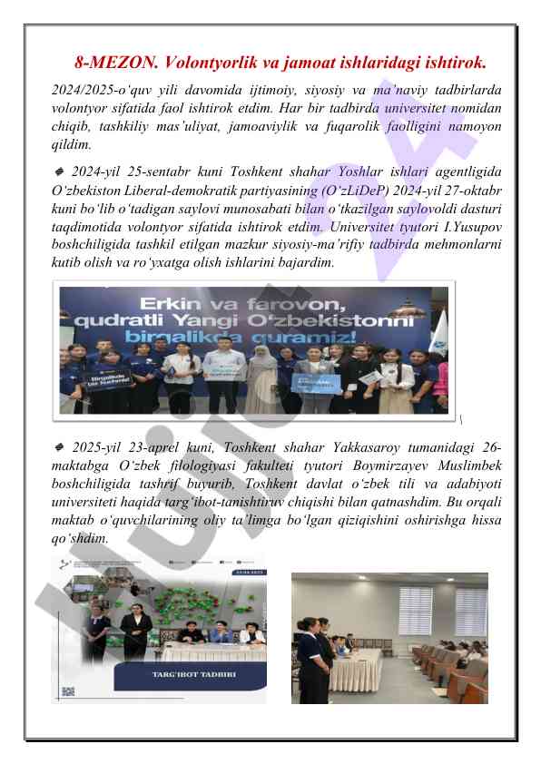 Volontyorlik faoliyati va ijtimoiy tadbirlarda ishtirok