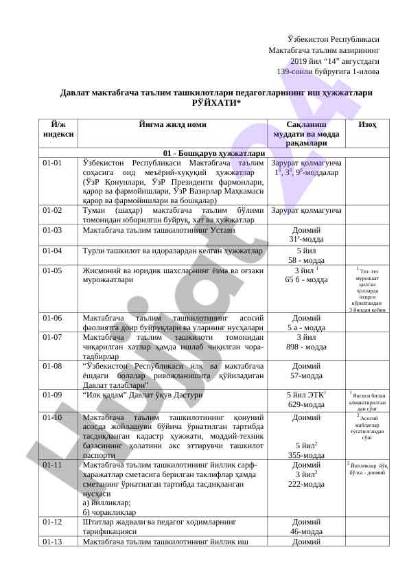 Dавлат мактабгача таълим ташkilотлари иш ҳужжатлари