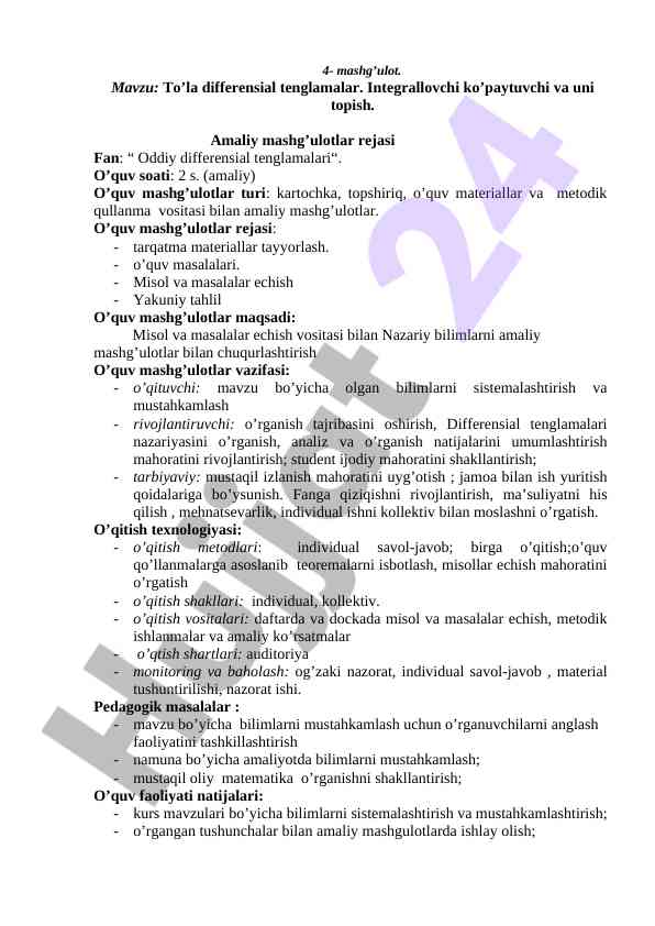 To'la differensial tenglamalar bo'yicha amaliy mashg'ulotlar