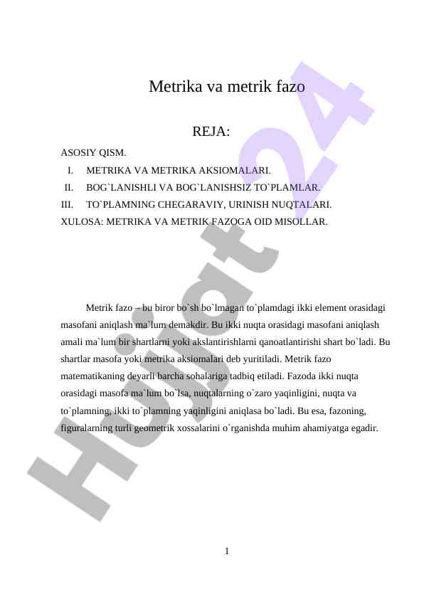 Metrika Va Metrik Fazo Tahlili