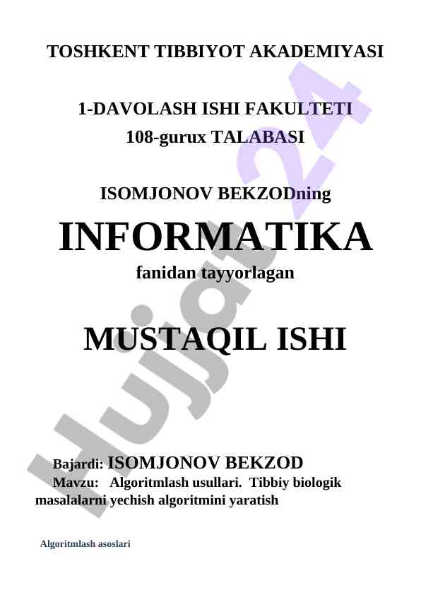 Algoritmlash usullari tibbiy biologik masalalar