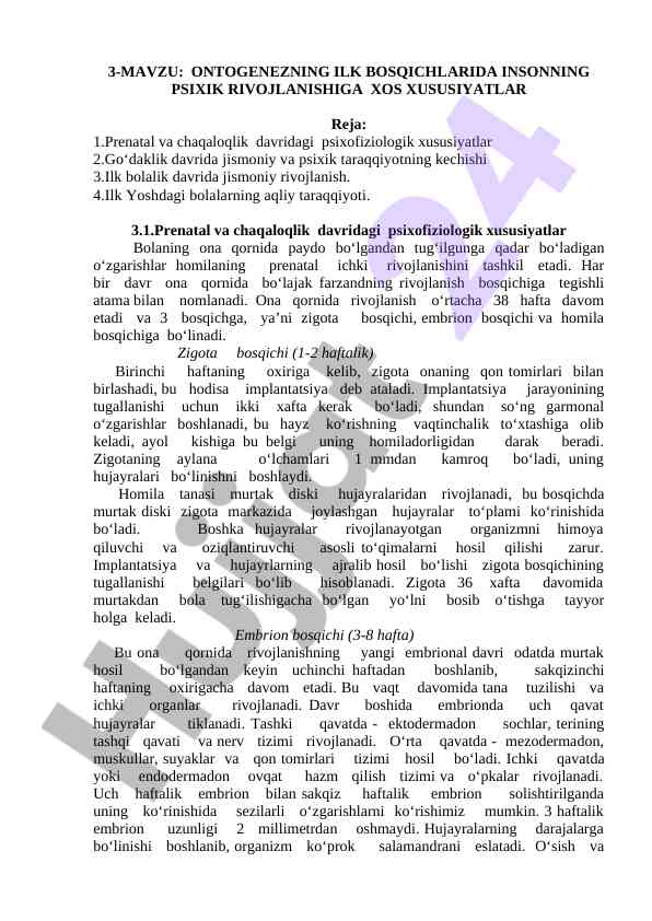 Ontogeneznin ilk bosqichlarida psixik rivojlanish